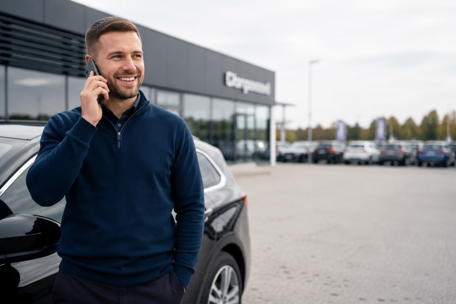 Säljare på Bilar Norrbotten pratar i telefon vid en bil utanför bilhallen
